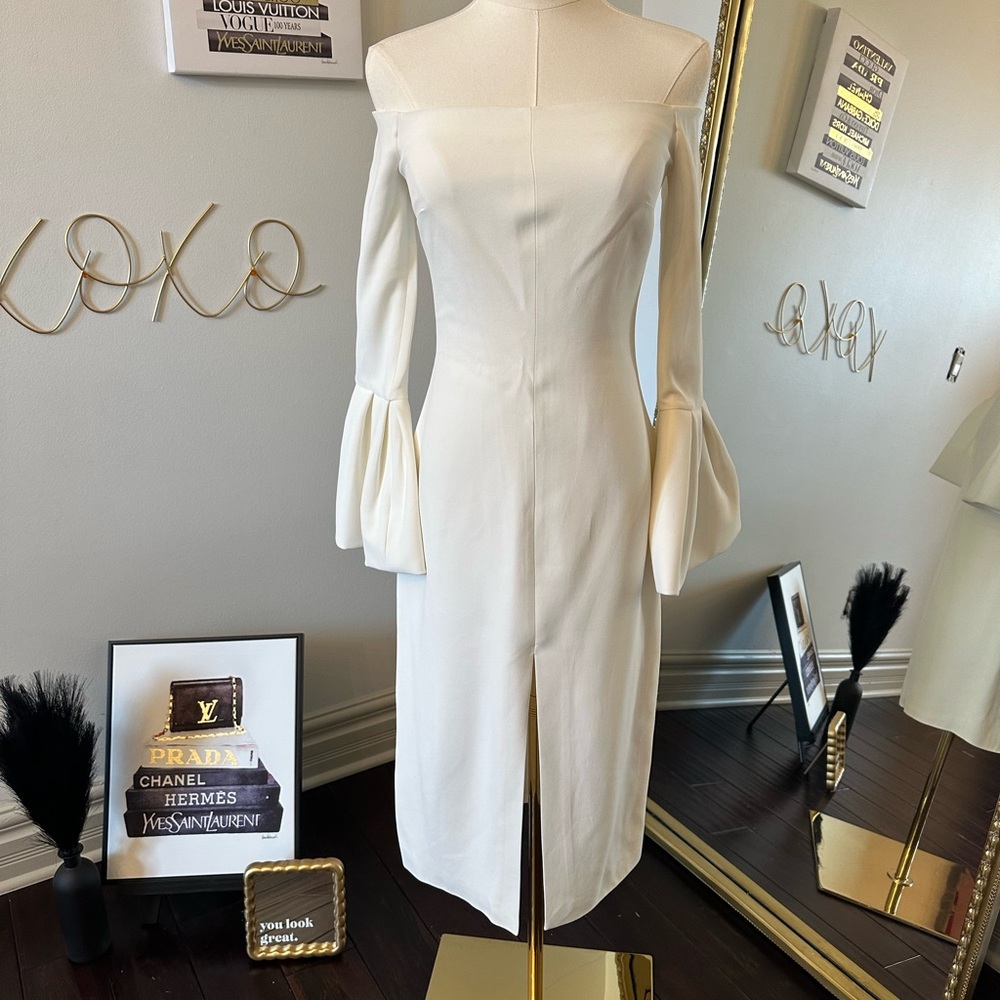 Alexis White Off-Shoulder Bell Sleeve Sheath Dress